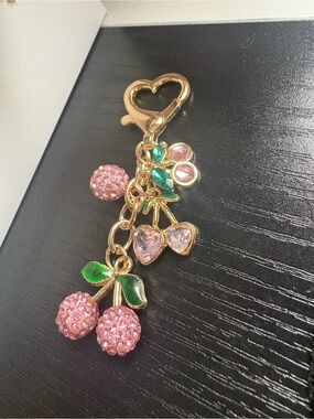 Gold Cherry Charm Keychain with Pink Crystals